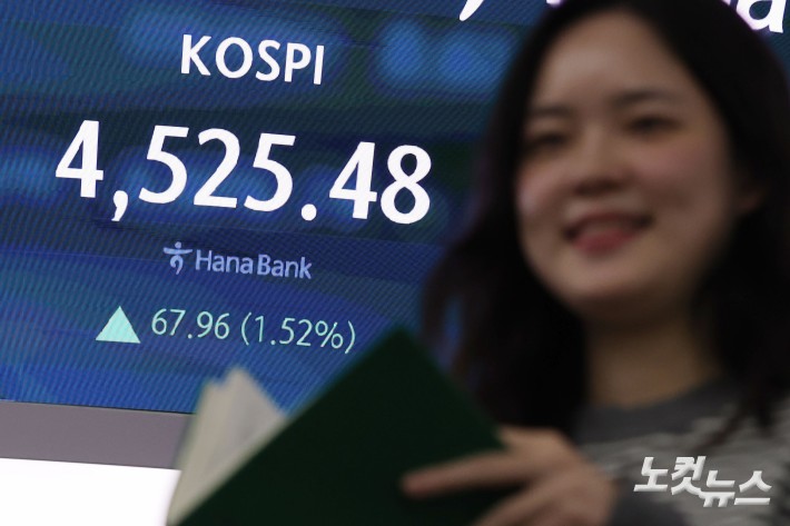 새해 들어 랠리를 이어가고 있는 코스피가 4500 고지마저 돌파하며 사상 최고치를 경신한 6일 서울 중구 하나은행 딜링룸 전광판에 지수가 표시돼 있다.