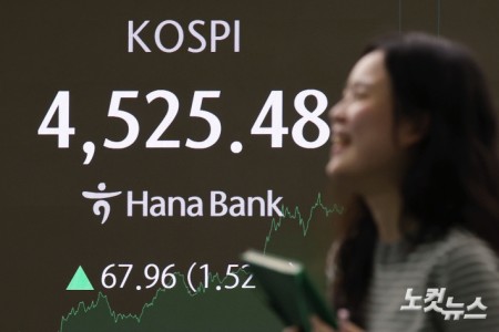 새해 들어 랠리를 이어가고 있는 코스피가 4500 고지마저 돌파하며 사상 최고치를 경신한 6일 서울 중구 하나은행 딜링룸 전광판에 지수가 표시돼 있다.
