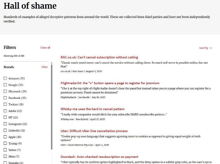 브리그널 박사는 '다크패턴'을 사용하는 기업들의 목록을 자신의 홈페이지에 공개하는 등 활동을 이어가고 있다. deceptive.design 캡처