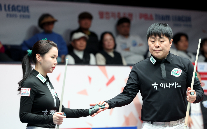 하나카드 김진아(왼쪽)와 주장 김병호. PBA 