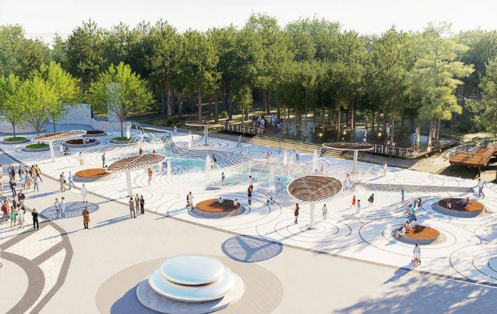 울진군이 왕피천공원을 찾는 군민과 관광객들에게 쾌적하고 품격 있는 휴식 공간을 제공하기 위해 주광장을 활용한 물놀이 쉼터 조성사업을 착공했다. 사진은 물놀이 쉼터 조감도. 울진군 제공