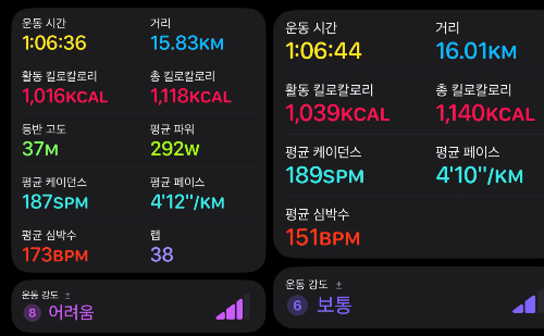 비닐 트랙에서 뛴 15.83km 기록(왼쪽)과 러닝머신에서 뛴 16km 기록(오른쪽) 비교. 이우섭 기자