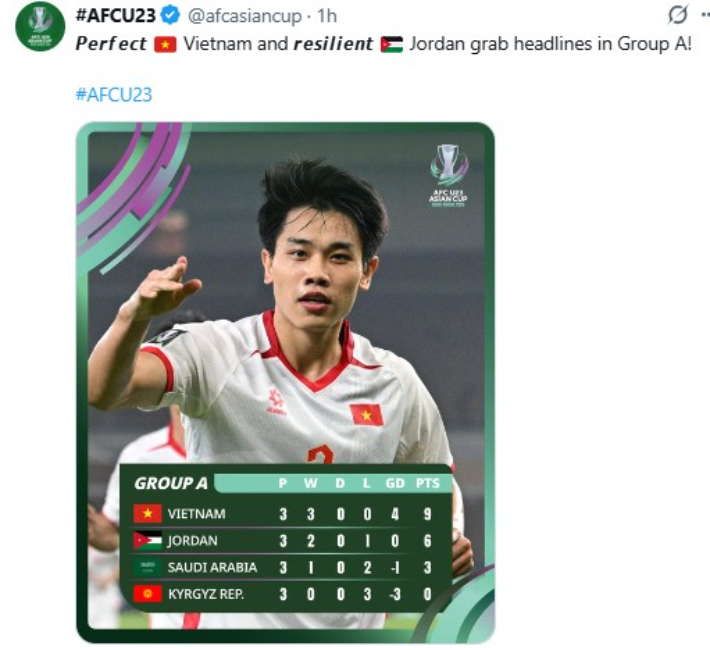 베트남이 A조 1위로 대회 8강에 오른 소식을 전한 AFC. AFC SNS