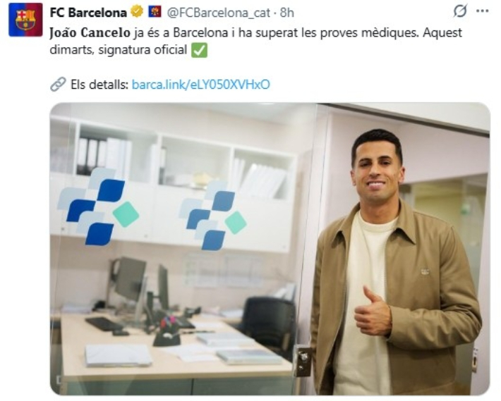 주앙 칸셀루의 입단 예정 소식을 전한 바르셀로나 구단. 바르셀로나 구단 SNS