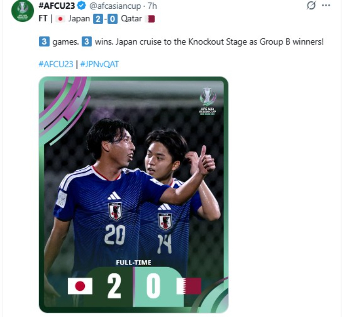 일본의 카타르전 2-0 승리 소식을 전한 AFC. AFC SNS
