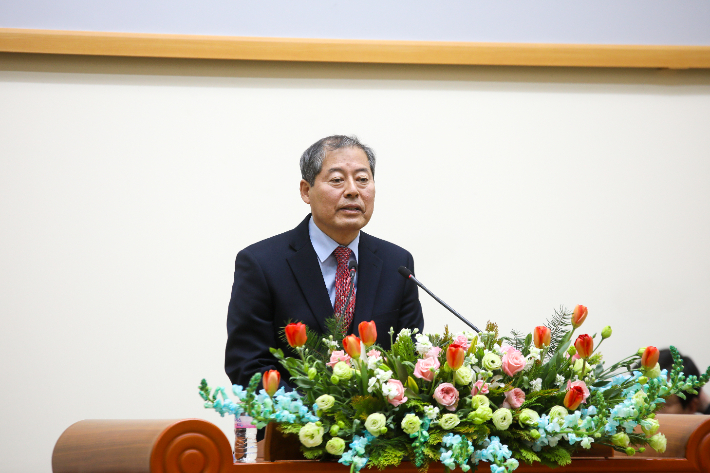 전북 총회 목사 총대 협의회 안창현 회장이 신년하례회에서 인사말을 전하고 있다. 최화랑 기자