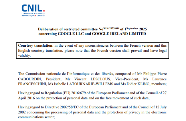 2025년 9월 프랑스 개인정보보호위원회(CNIL)의 구글 심의 결과 보고서 캡처