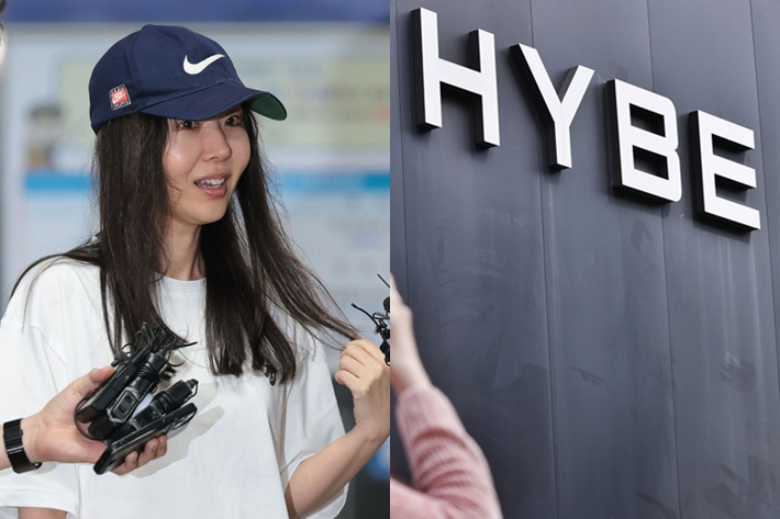 왼쪽부터 민희진 전 어도어 대표, 서울 용산구 하이브 사옥. 연합뉴스