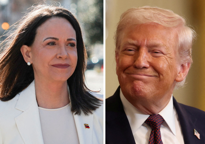 베네수엘라 야권지도자 마차도(왼쪽)와 도널드 트럼프 미국 대통령. 연합뉴스