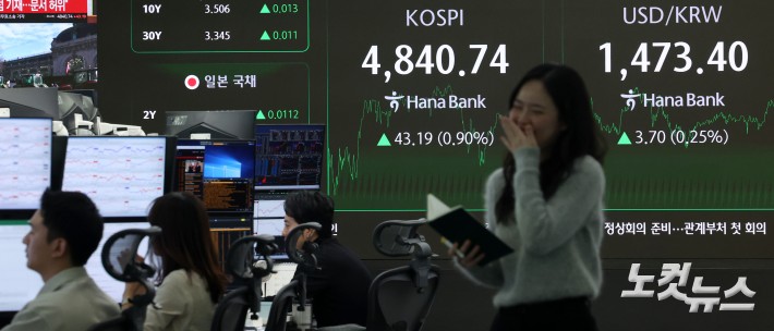 코스피가 사상 처음으로 4,800대에서 장을 마친 16일 서울 중구 하나은행 딜링룸 현황판에 코스피지수 등이 표시돼 있다. 코스피는 지수는 전장 대비 23.11포인트(0.48%) 오른 4,820.66으로 출발해 한때 4,855.61까지 오르며 장중과 종가 모두 사상 최고치를 경신했다. 코스닥은 3.43포인트(0.36%) 오른 954.59에 장을 끝냈다.