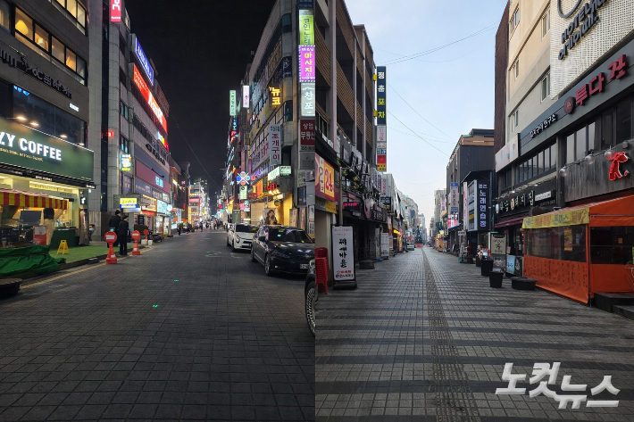 비교적 한적한 모습의 수원시 인계동 거리(왼쪽)과 안양시 안양1번가(오른쪽). 이준석 기자