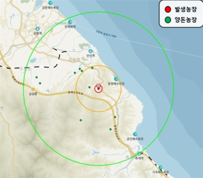 방역대(10km) 지도. 강원도 제공
