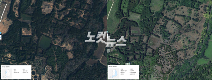 임야 불법훼손 전(왼쪽 2013년)과 후(오른쪽 2017년)를 비교한 위성사진. 수사 결과 임야 불법훼손은 2015년 8월부터 이뤄졌다. 카카오맵 캡쳐