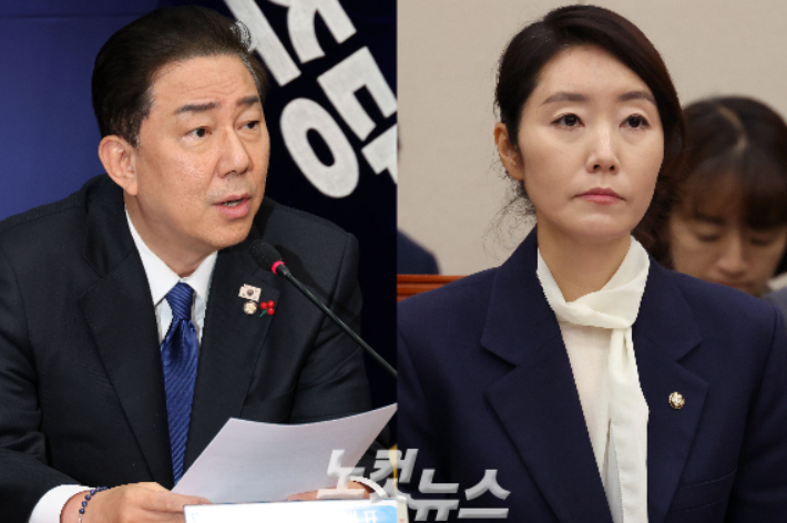 더불어민주당 김병기 원내대표(왼쪽)와 더불어민주당 강선우 의원. 박종민·윤창원 기자