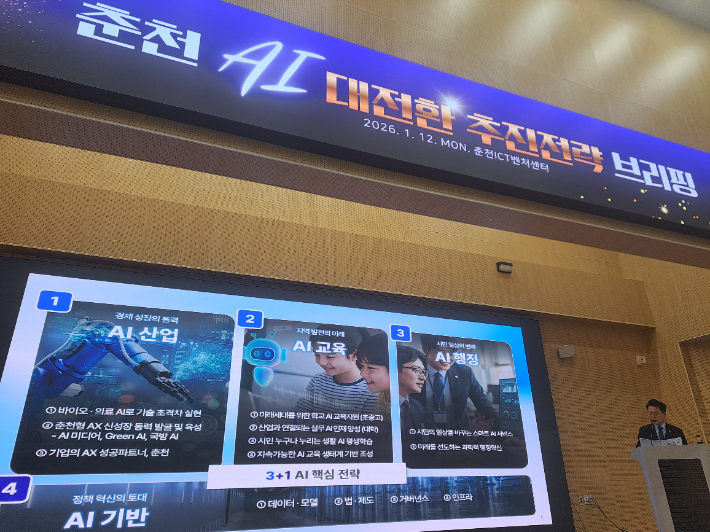 육동한 춘천시장은 지난 1월 12일 춘천ICT벤처센터에서 열린 언론브리핑을 통해 춘천시 AI 대전환 추진전략을 공개했다. 춘천시 제공 