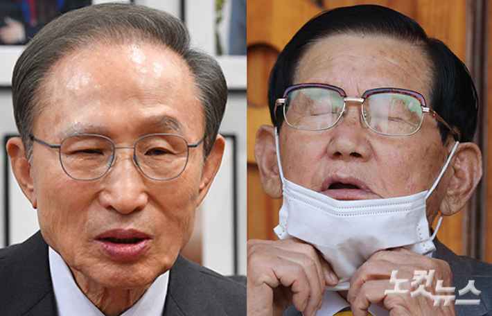 이명박 전 대통령(왼쪽)과 신천지 이만희 교주. 박종민 기자