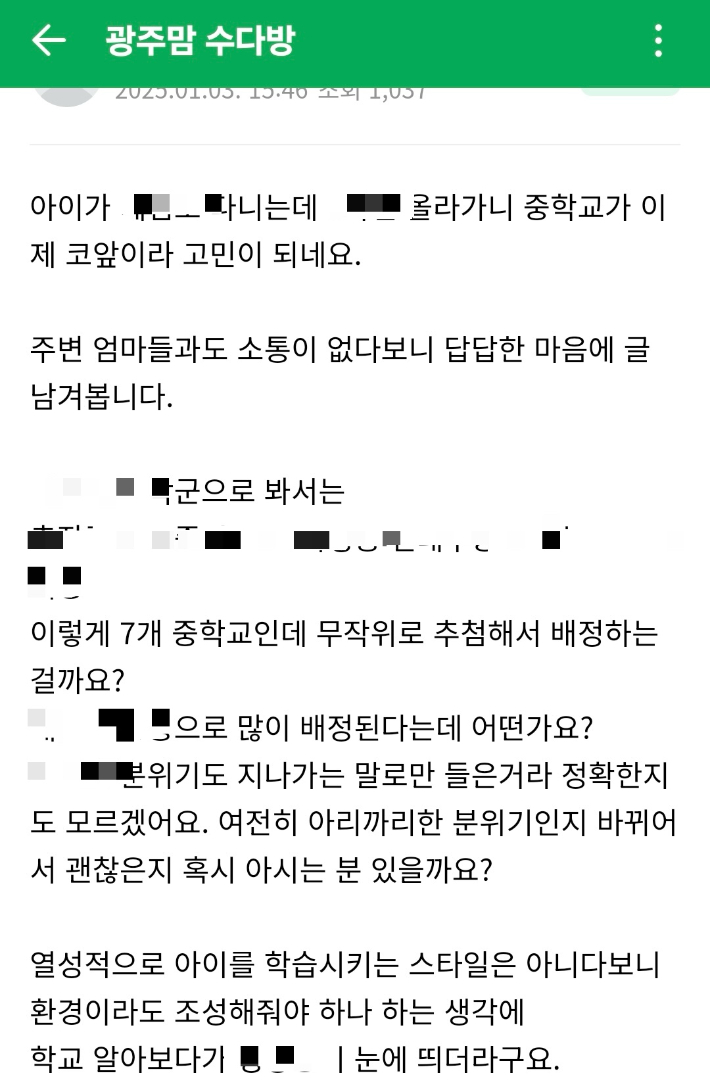 중학교 배정과 학군을 둘러싼 고민을 털어놓은 광주 지역 맘카페 게시글. 자녀의 중학교 진학을 앞두고 배정 방식과 학교 분위기 등을 묻는 내용이 담겨 있다. 독자 제공