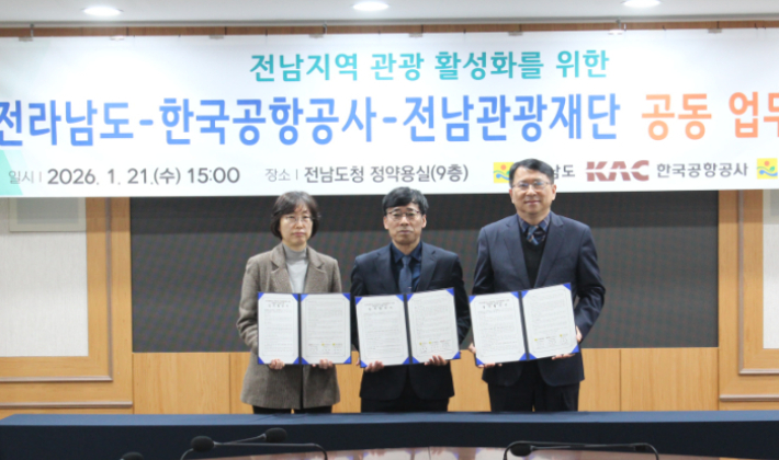 전라남도는 21일 한국공항공사, 전남관광재단과 함께 무안국제공항과 연계한 여행업계 지원 및 전남 관광 활성화 업무협약을 하고 불확실한 공항 운영 여건에서도 관광수요 회복을 위한 실질적 대응 기반 마련에 나섰다. 전라남도 제공