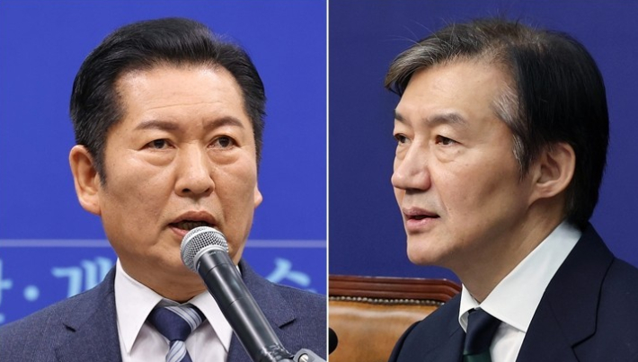 정청래 더불어민주당 대표(왼쪽)와 조국 조국혁신당 대표. 연합뉴스