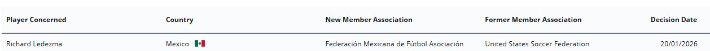 미국에서 멕시코로 소속 국가협회가 변경된 레데스마. FIFA 국가협회 변경 플랫폼 캡처