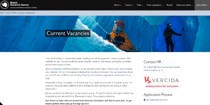 영국 남극조사단 홈페이지(bas.ac.uk) 구인광고 화면 캡처