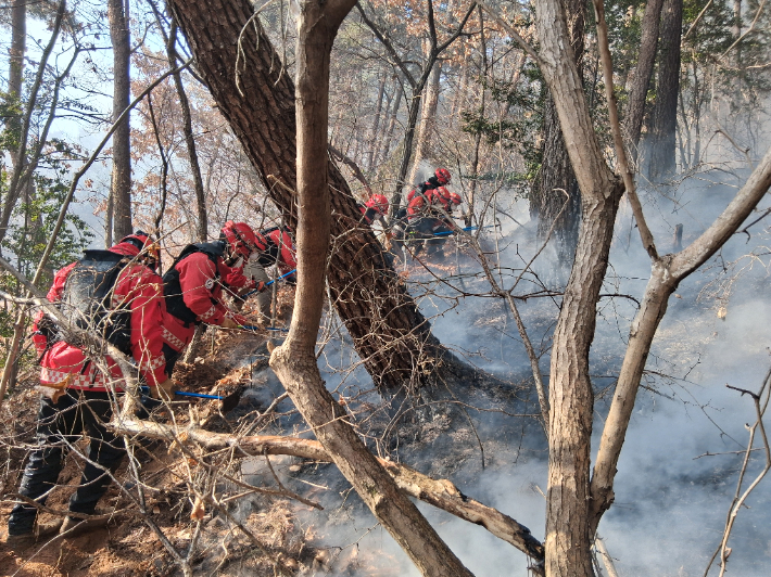 25일 낮 12시 39분쯤 경북 구미시 구평동의 한 야산에서 불이 났다. 산림청 제공