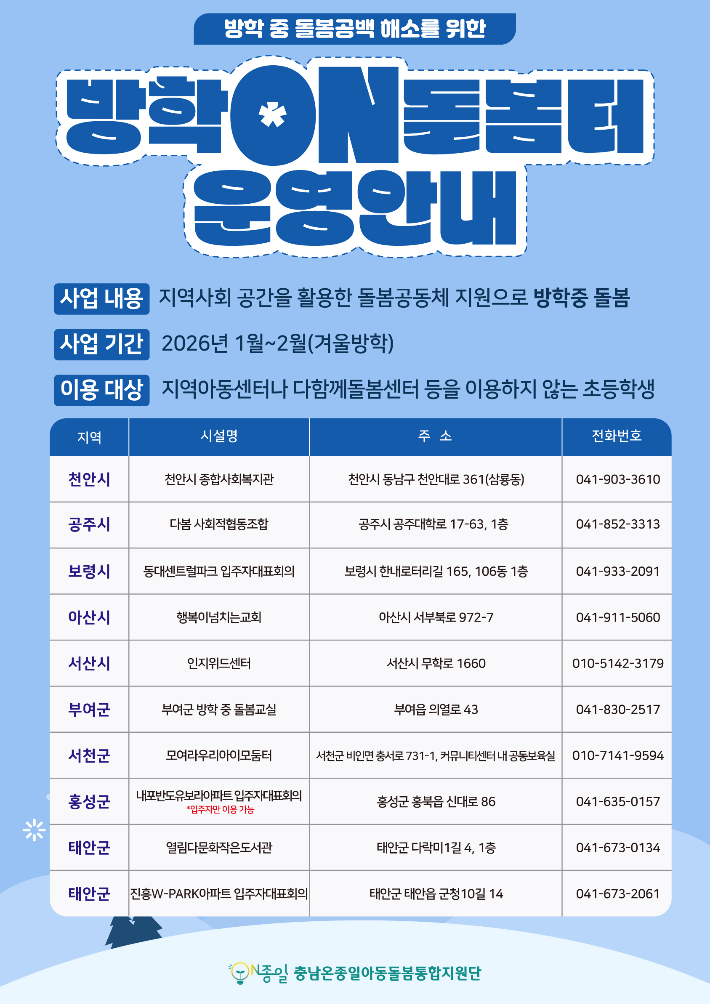 '방학 온(ON) 돌봄터' 운영 안내문. 충남도 제공