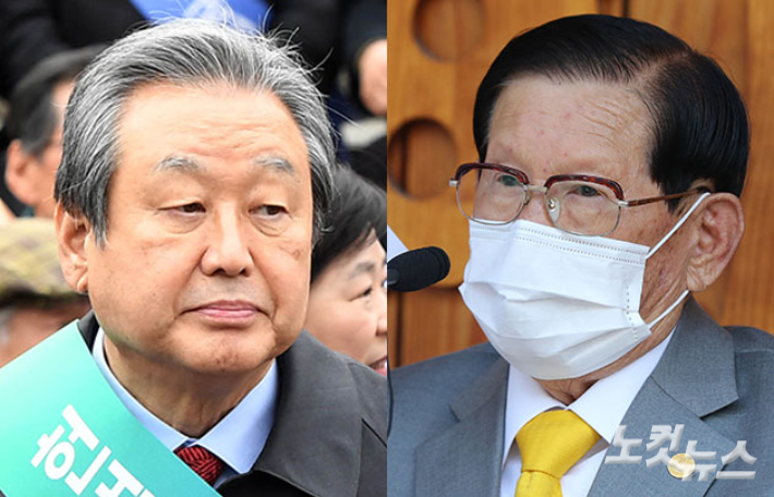 김무성 전 새누리당(국민의힘 전신) 대표(왼쪽)와 이단 신천지 이만희 교주. 윤창원 기자