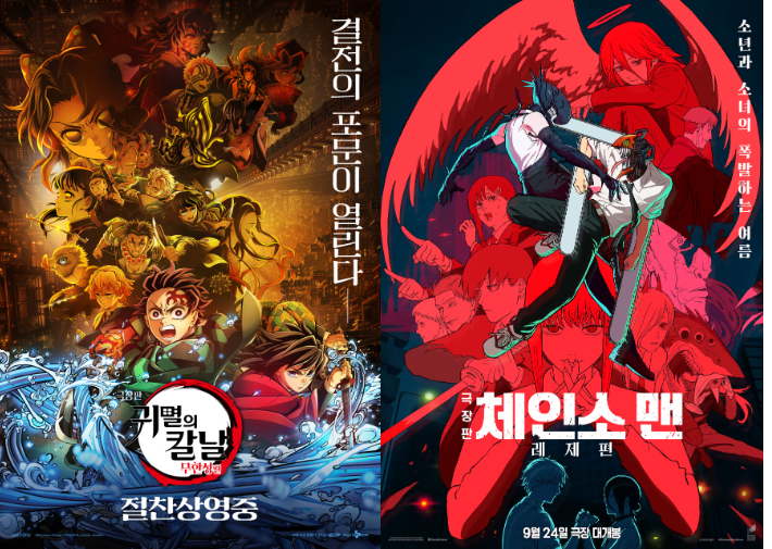 지난해 극장가에서 흥행 돌풍을 일으킨 '극장판 귀멸의 칼날: 무한성편'(왼쪽)과 '극장판 체인소 맨: 레제편' 포스터. 두 작품은 해당 원작 만화와 애니메이션 시리즈를 익히 접해온 잘파세대 관객의 전폭적인 지지 아래 각각 누적관객수 569만명(연간 박스오피스 2위), 343만명(6위)을 기록했다. CJ ENM·소니픽처스코리아 제공
