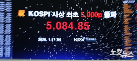 27일 서울 여의도 한국거래소 전광판에 코스피 지수 5084.85가 표시되고 있다. 코스피 지수는 전일 대비 2.73%(135.26) 오른 5084.85로 마감했다. 시가총액 1, 2위 종목 삼성전자와 SK하이닉스가 나란히 신고가를 경신하면서 증시를 이끌었다. SK하이닉스는 8.7% 급등한 80만원으로 마감했으며, 삼성전자는 4.87% 오른 15만9500원으로 16만원을 코앞에 뒀다.