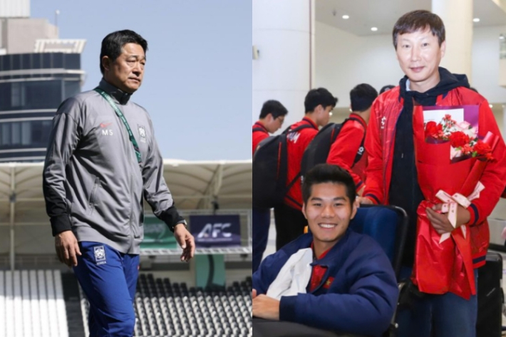 이민성 감독, 휠체어를 끄는 김상식 감독(오른쪽). 대한축구협회·베트남넷 캡처