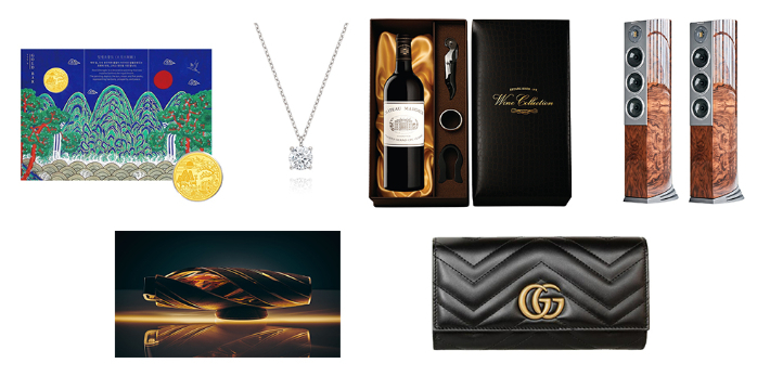 CU에서 설 선물로 선보인 (왼쪽 위에서부터) 삼성금거래소 일월오봉도 순금코인 0.1g, 미니골드 1캐럿 다이아 목걸이, 샤또마고 2015, 오디오벡터 네트워크 오디오 패키지, 맥캘란 호라이즌, 구찌 장지갑. CU 제공