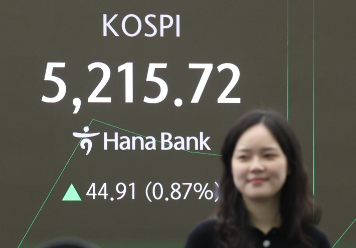 코스피가 사상 처음으로 5200선을 돌파한 29일 서울 중구 하나은행 딜링룸 현황판에 코스피·코스닥 지수가 표시되고 있다. 연합뉴스