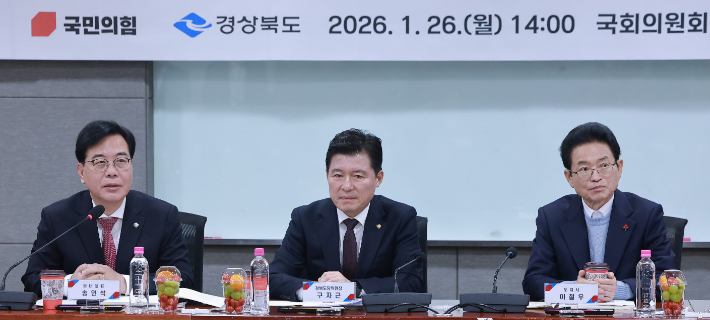 국민의힘 송언석 원내대표가 26일 국회의원회관에서 국민의힘과 경상북도가 연 대구경북통합 간담회에 참석해 발언하고 있다. 왼쪽부터 송 원내대표, 구자근 경북도당위원장, 이철우 경북도지사. 연합뉴스
