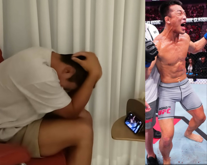 제자 김상욱(사진 오른쪽)의 RTU 준결승전 승리를 확인한 후 오열하는 김동현. 매미킴 SNS 영상 캡처·UFC 제공