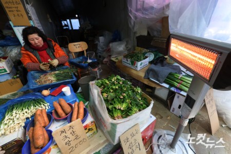 연일 한파가 이어지고 있는 가운데 29일 서울 서대문구 인왕시장에 상인들이 난로를 켜두고 있다.