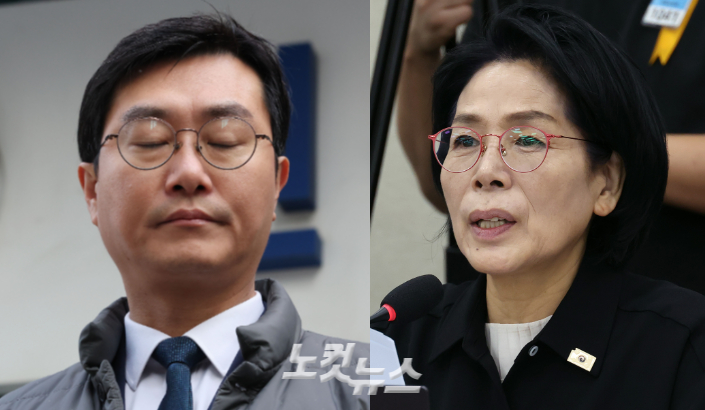 더불어민주당 장경태 의원과 최민희 의원. 류영주, 윤창원 기자