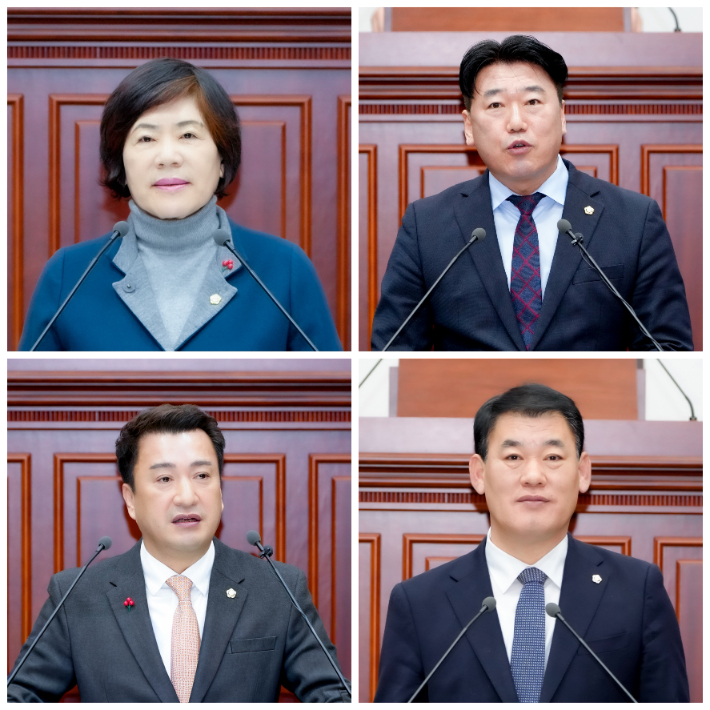 한순희(왼쪽 위부터 시계방향)·이락우·박광호·최재필 의원이 5분 자유발언을 하고 있다. 경주시의회 제공