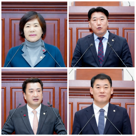 한순희(왼쪽 위부터 시계방향)·이락우·박광호·최재필 의원이 5분 자유발언을 하고 있다. 경주시의회 제공
