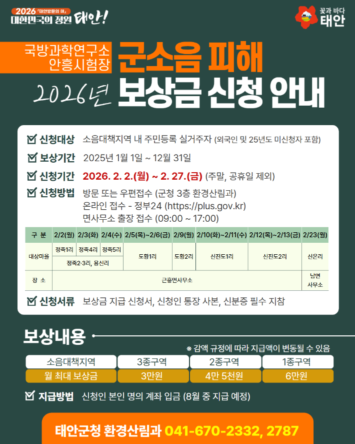 군 소음 피해 보상금 신청 안내문. 태안군 제공