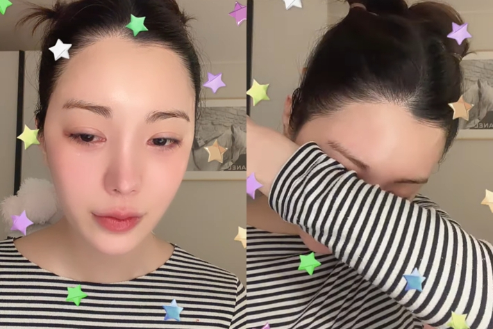 지난 28일 인스타그램 라이브 방송 중 눈물을 보인 리지. 인스타그램 라이브 캡처