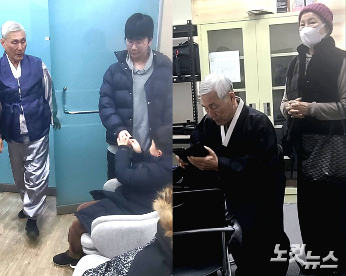 사진 왼쪽은 기사 대기실에 있는 조훈현 9단과 유하준 9단(사진 오른쪽 앉아 있는 어린이). 사진 오른쪽은 조훈현과 그의 아내 정미화씨. 동규기자