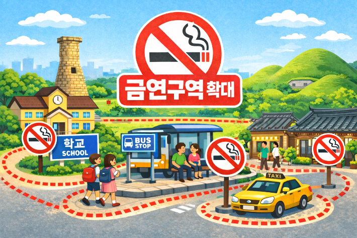 경주시가 학교와 대중교통 이용 공간을 중심으로 금연구역을 확대하는 내용을 담은 일러스트. 경주시 제공