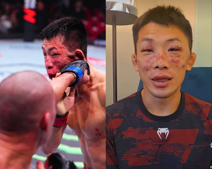 김상욱 vs 돔 마르 판. 사진 왼쪽은 펀치를 허용하는 김상욱. 오른쪽은 경기 후 소감을 말하는 김상욱. UFC 제공·김동현 SNS '매미킴' 영상 캡처