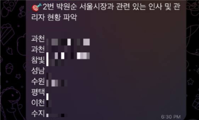 신천지 내 '박원순 서울시장 관련 인사' 집계 현황. 독자 제공