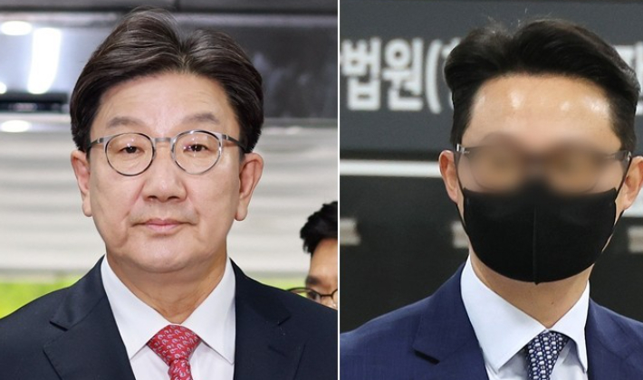 왼쪽부터 권성동 국민의힘 의원, 윤영호 전 통일교 세계본부장. 연합뉴스