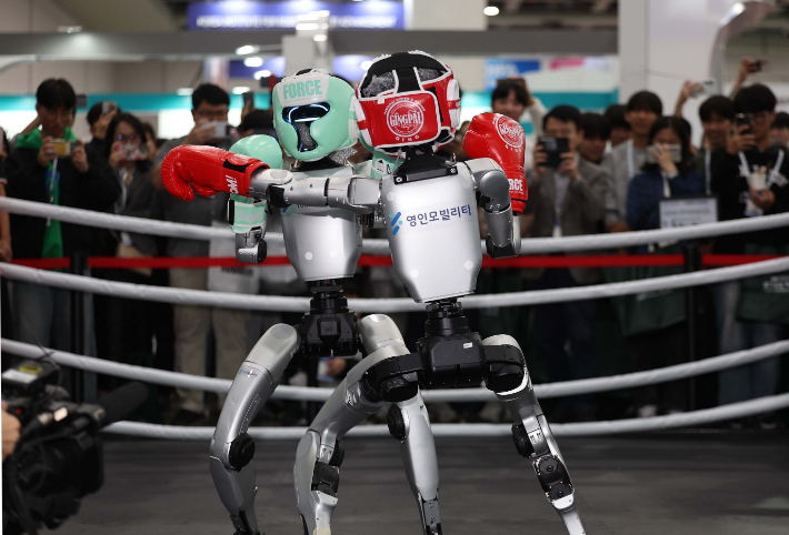  중국 로봇 기업 유니트리가 개발한 휴머노이드 로봇 G1이 킥복싱 경기를 선보이고 있다. 연합뉴스