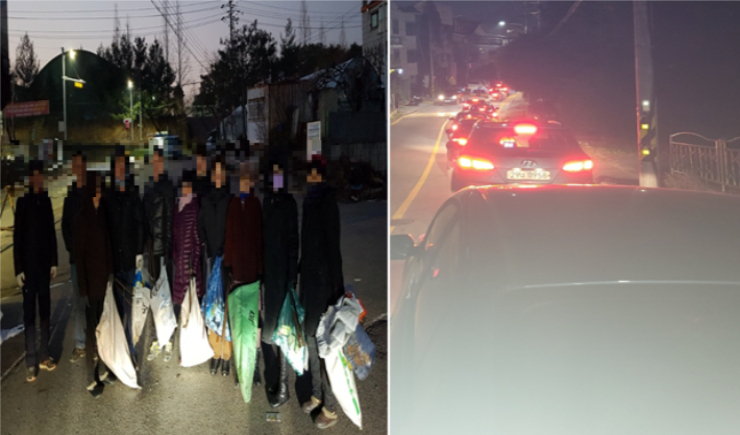 경마장 인근 지역에서 무단투기 쓰레기를 청소 중인 주민들과 일대 주택가 도로가 정체되고 있는 모습. 독자 제공