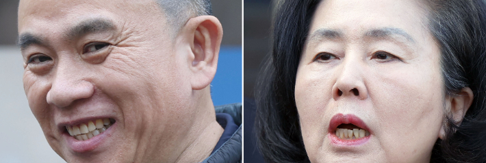 1심 선고 후 심경 밝히는 명태균·김영선. 정치자금법 위반 혐의로 기소된 정치 브로커 명태균(왼쪽)씨, 국민의힘 김영선 전 의원이 5일 오후 경남 창원시 성산구 창원지법에서 열린 1심 재판에서 무죄 선고를 받은 후 심경을 밝히고 있다.     명씨는 증거은닉 교사 혐의에 대해서는 징역 6개월에 집행유예 1년을 선고받았다. 연합뉴스