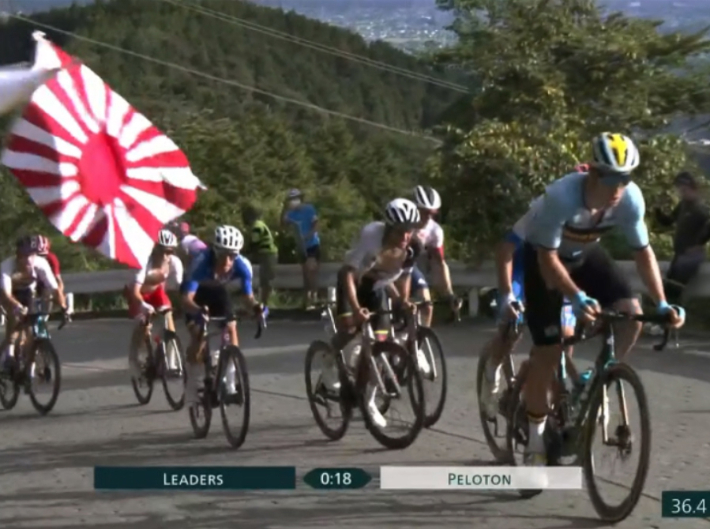 2020 도쿄 올림픽 사이클 남자 도로 경기에서 욱일기 응원이 펼쳐지는 모습. 서경덕 교수 제공